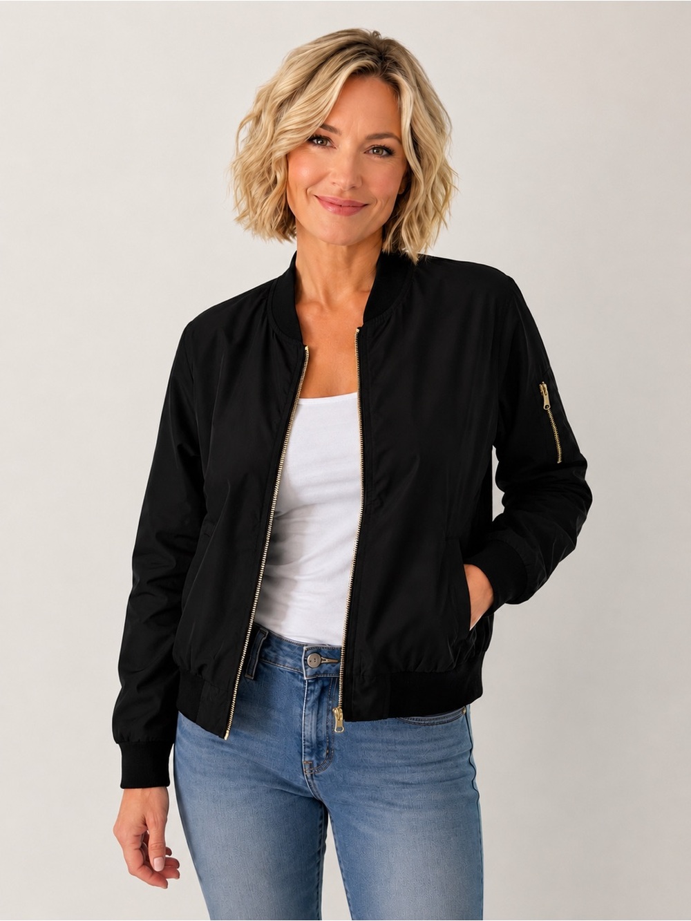Love Tree Black Bomber Jacket with Gold Zipper